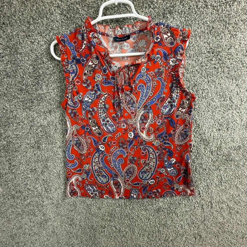 Tommy Hilfiger Red Paisley Ruffle Neck Sleeveless Tie Front Blouse Medium
